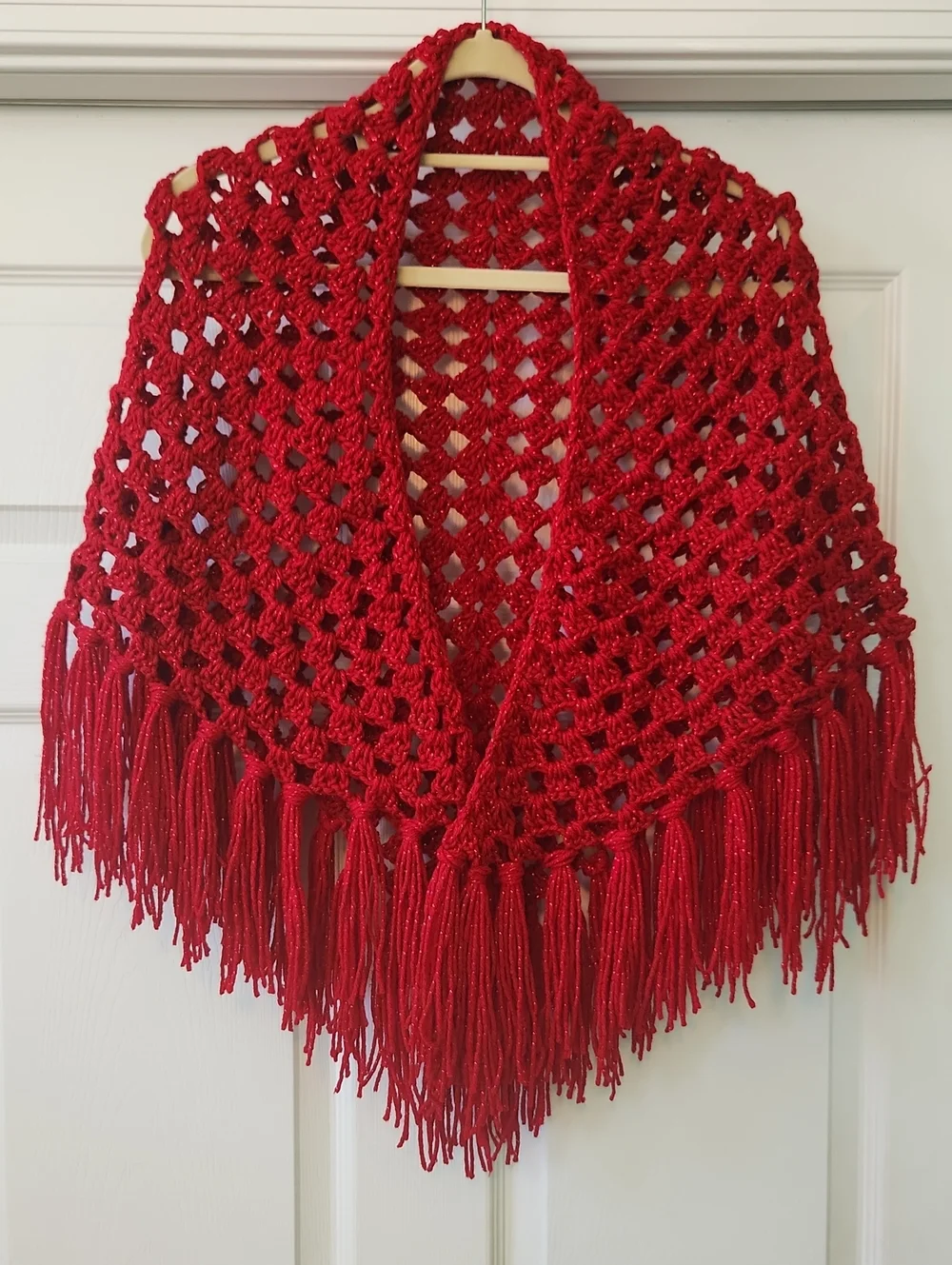 Deep Red Metallic Hand Crocheted Shawl